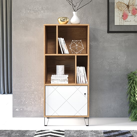 Read more about Touch wooden shelving unit in matt white and artisan oak