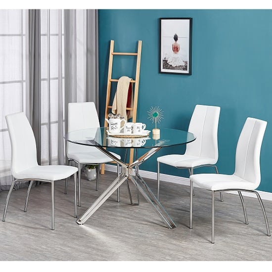 Read more about Toulouse clear glass dining table with four opal white chairs