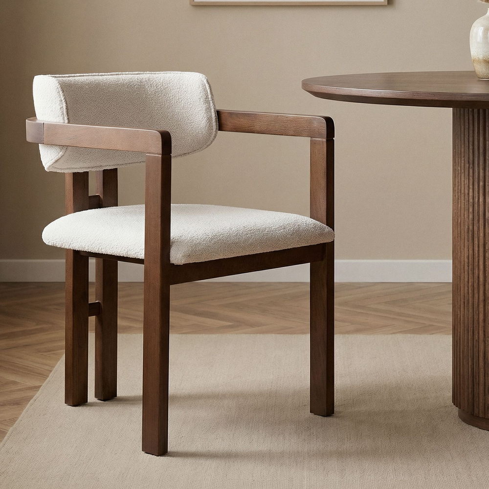 Tovaro White Fabric Dining Chairs with Dark Walnut Wooden Frame in Pair