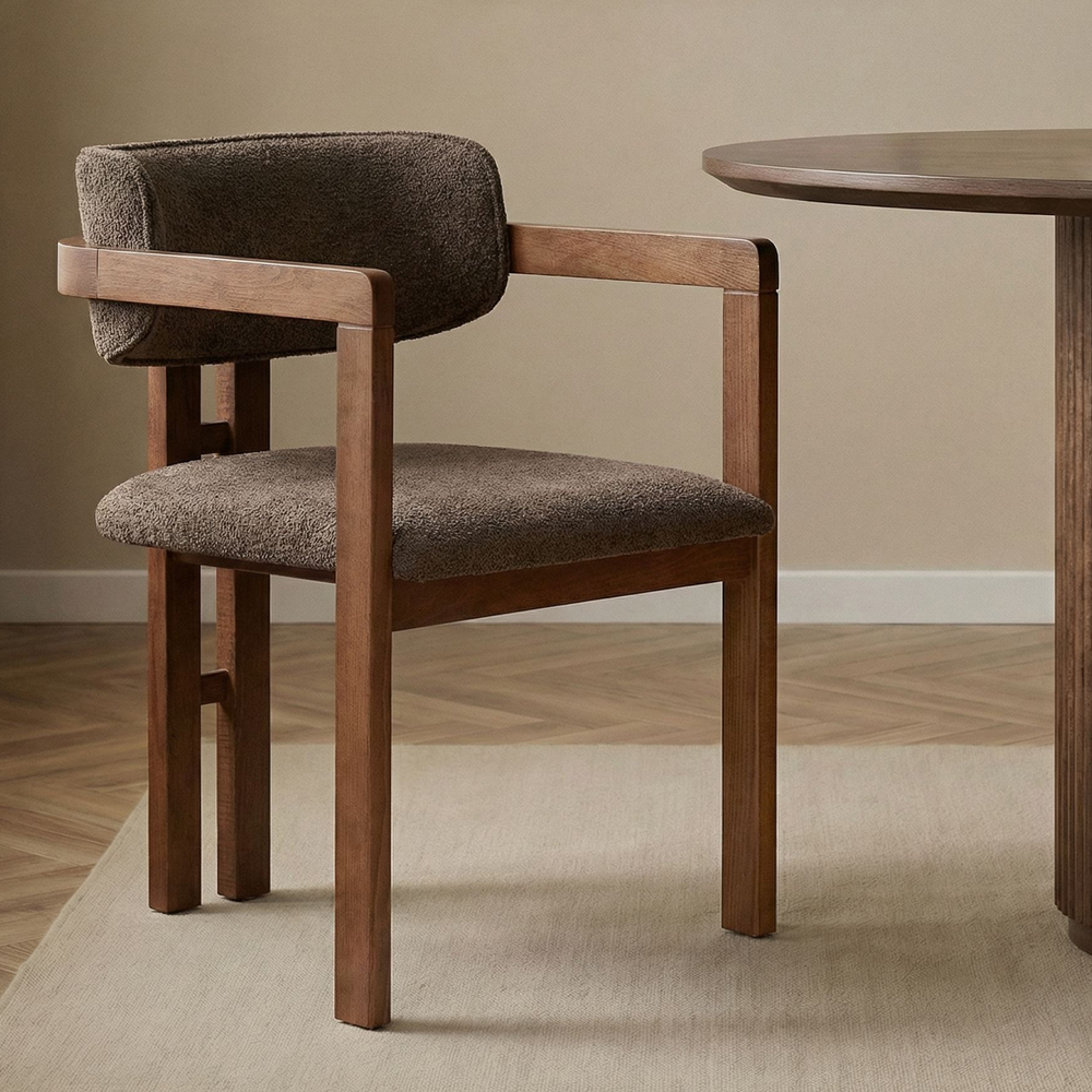 Tovaro Brown Fabric Dining Chairs with Walnut Wooden Frame in Pair