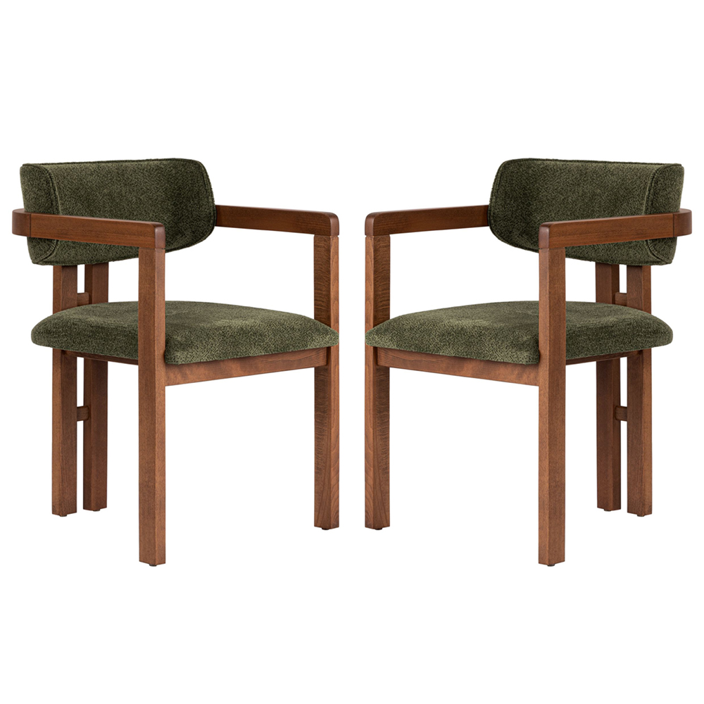 Tovaro Green Fabric Dining Chairs with Walnut Wooden Frame in Pair