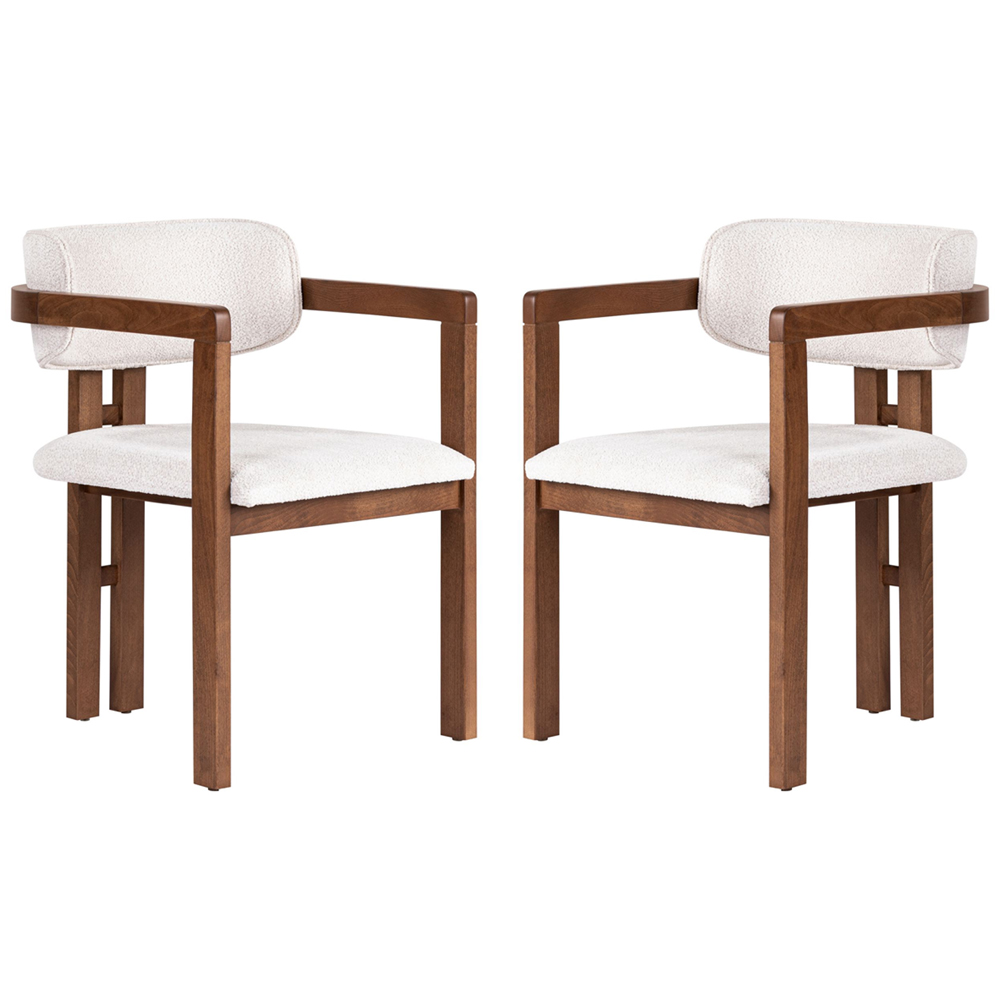 Tovaro White Fabric Dining Chairs with Walnut Wooden Frame in Pair