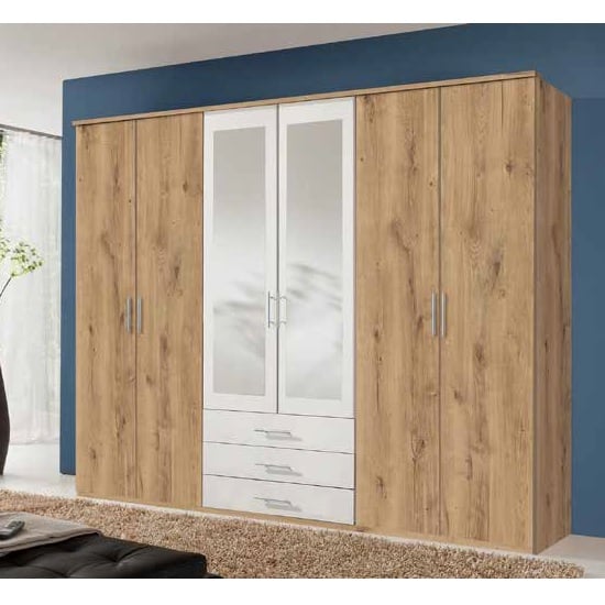 Tracy Mirrored Wardrobe Large In Planked Oak Effect And White