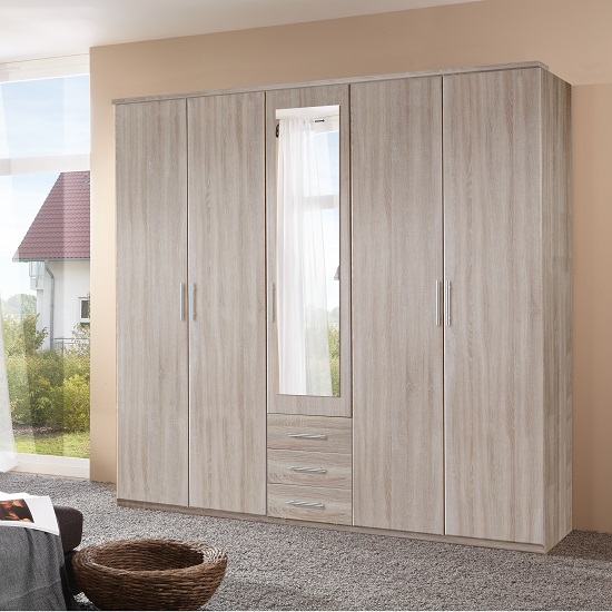 Read more about Tracy mirrored wardrobe in oak effect with 5 doors and 3 drawers