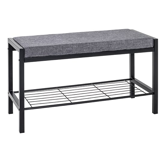 Photo of Traverse metal shoe bench in black with grey fabric seat