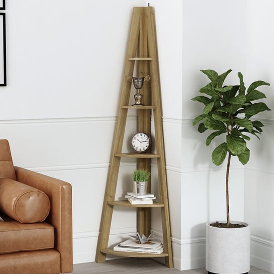 Photo of Travis corner wooden ladder shelving unit in oak