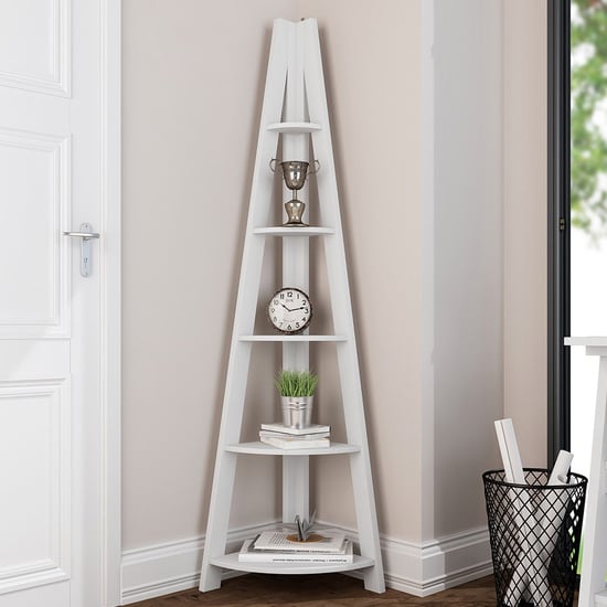 Product photograph of Travis Corner Wooden Ladder Shelving Unit In White from Furniture in Fashion