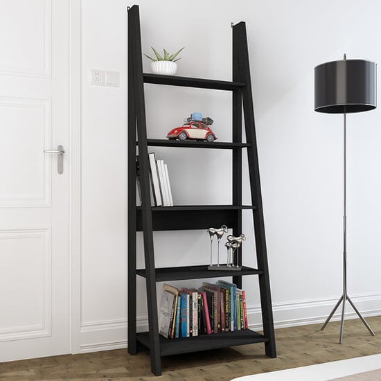 Product photograph of Travis Wooden Ladder Bookcase With 4 Shelves In Black from Furniture in Fashion