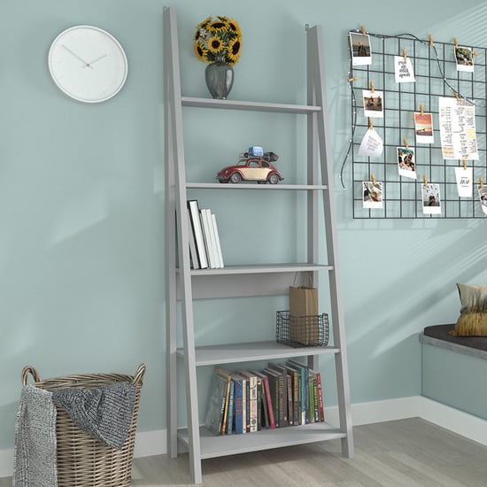 Photo of Travis wooden ladder bookcase with 4 shelves in grey