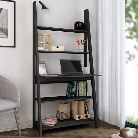 Product photograph of Travis Wooden Ladder Laptop Desk With 3 Shelves In Black from Furniture in Fashion