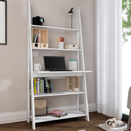 Product photograph of Travis Wooden Ladder Laptop Desk With 3 Shelves In White from Furniture in Fashion