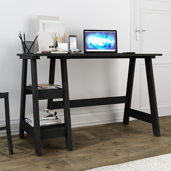 Travis Wooden Laptop Desk With 2 Shelves In Black
