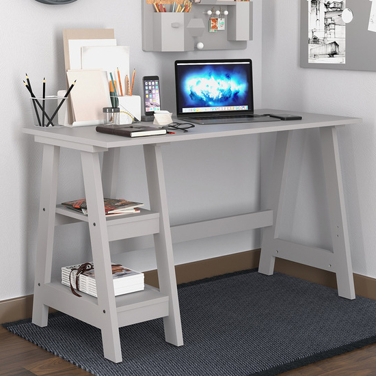 Travis Wooden Laptop Desk With 2 Shelves In Grey