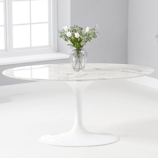 View Trejo oval dining table in white high gloss marble effect
