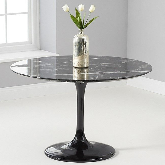 Trejo Round High Gloss Marble Effect Dining Table In Black