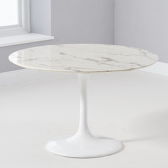 Trejo Round High Gloss Marble Effect Dining Table In White_2
