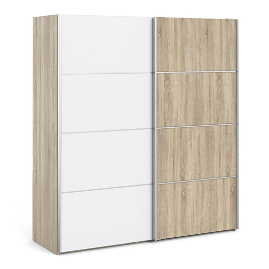 Read more about Trek wooden sliding doors wardrobe in oak white with 2 shelves