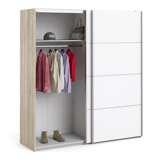 Trek Wooden Sliding Doors Wardrobe In White Oak With 5 Shelves_4