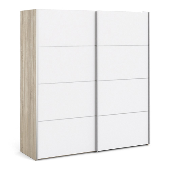 Read more about Trek wooden sliding doors wardrobe in white oak with 5 shelves