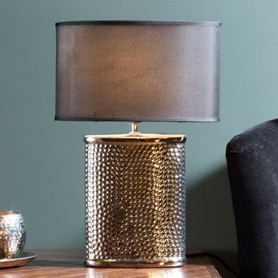 Product photograph of Trento Black Fabric Shade Table Lamp With Chrome Hammered Base from Furniture in Fashion