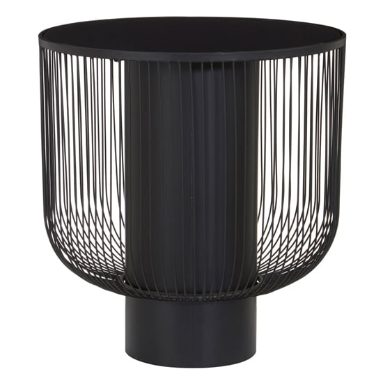 Photo of Ruchbah round black glass top end table with metal base