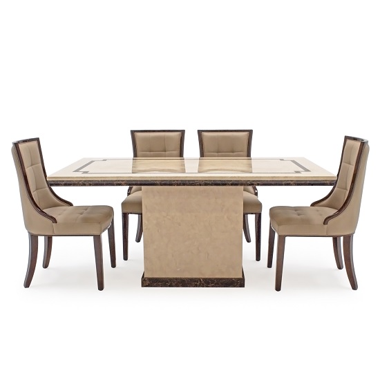 Trento High Gloss Marble Dining Table In Beige And 4 Chairs Furniture