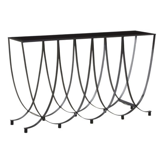 Ruchbah Black Glass Top Console Table With Curved Metal Base_3