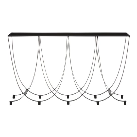 Read more about Ruchbah black glass top console table with curved metal base