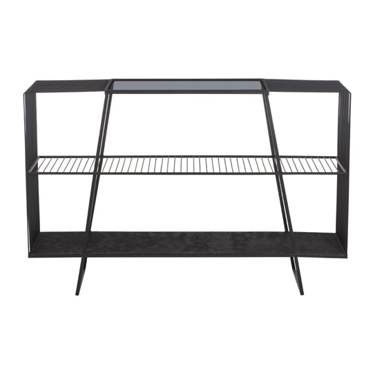 Photo of Ruchbah grey glass top console table with black metal frame