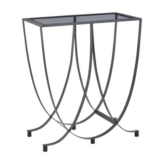 Ruchbah Black Glass Top Side Table With Curved Metal Base Furniture