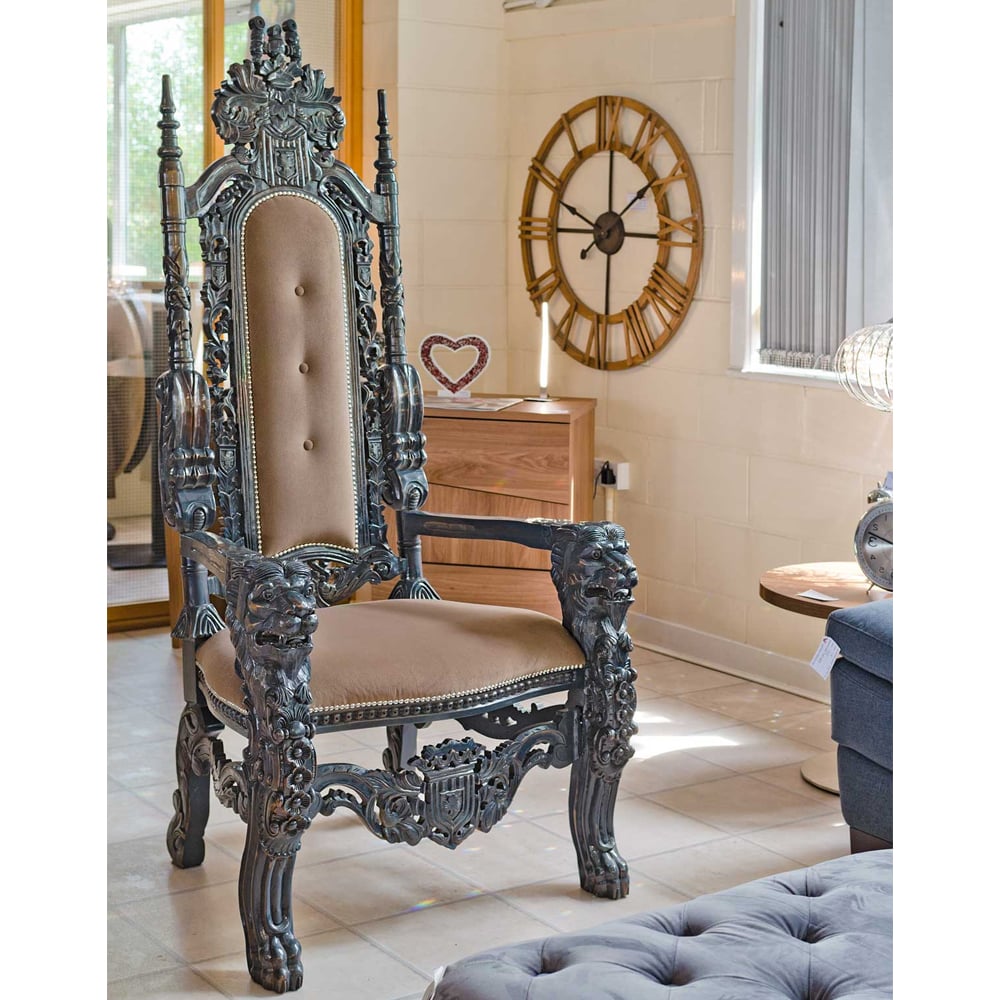 Trenton Wooden Throne Chair With Fabric Seat In Grey Wash