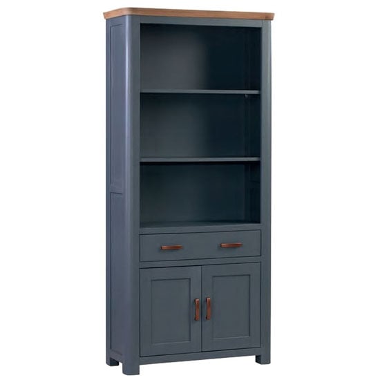 Read more about Trevino high wooden bookcase in midnight blue and oak