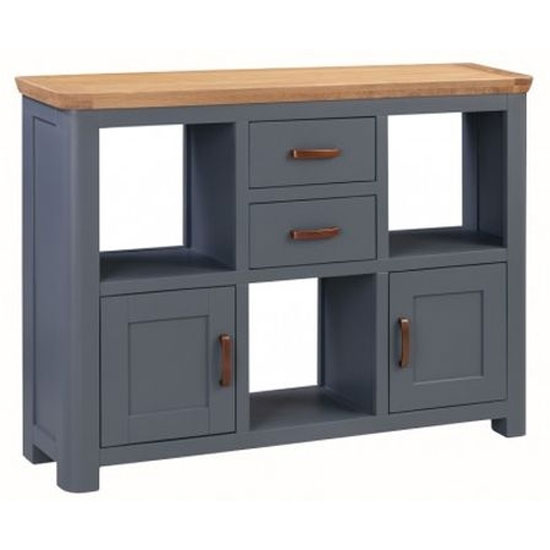 Photo of Trevino small wooden display cabinet in midnight blue and oak