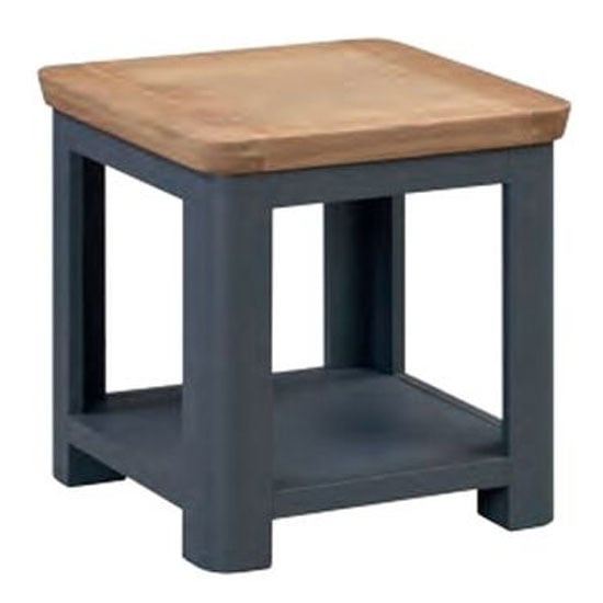 Photo of Trevino square wooden end table in midnight blue and oak