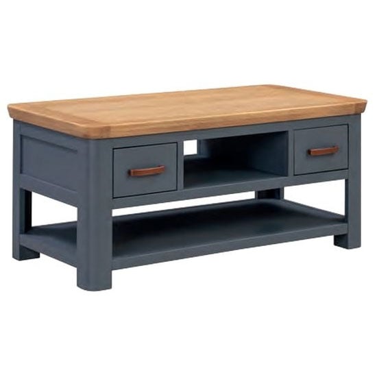 Trevino Standard Wooden Coffee Table In Midnight Blue And Oak