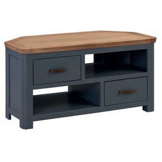 Trevino Wooden Corner TV Stand In Midnight Blue And Oak