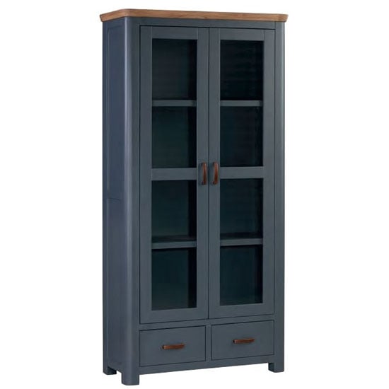 Photo of Trevino wooden display cabinet in midnight blue and oak