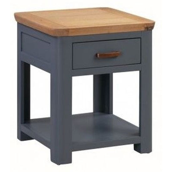 Read more about Trevino wooden end table in midnight blue and oak with 1 drawer