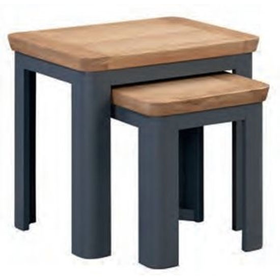 Product photograph of Trevino Wooden Set Of 2 Nesting Tables In Midnight Blue And Oak from Furniture in Fashion