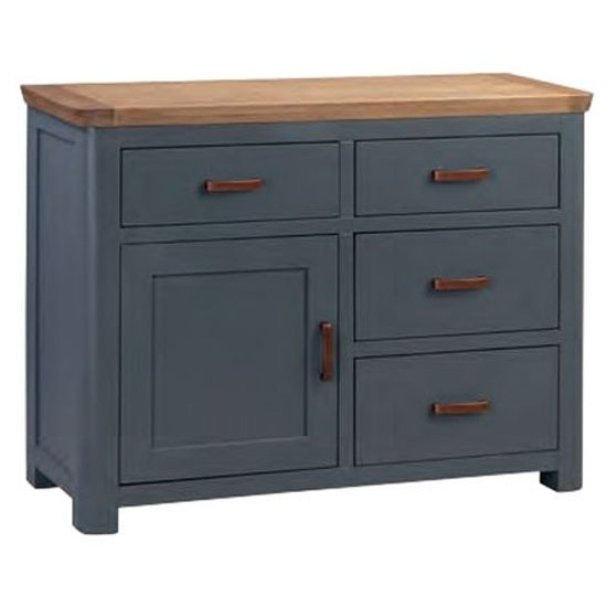 Photo of Trevino small wooden sideboard in midnight blue and oak