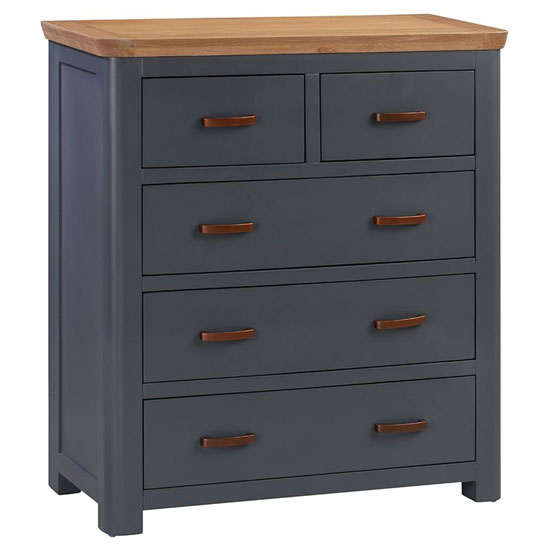 Read more about Trevino wooden chest of 5 drawers in midnight blue and oak