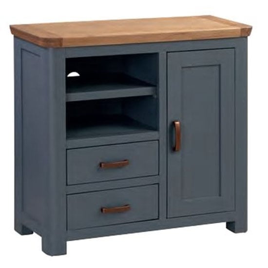 Photo of Trevino wooden tv sideboard in midnight blue and oak