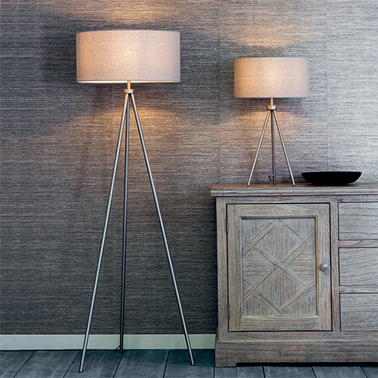 Tri Grey Linen Mix Fabric Shade Table Lamp In Matt Nickel