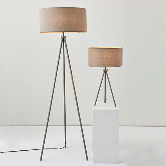 Tri Grey Linen Mix Fabric Shade Table Lamp In Matt Nickel