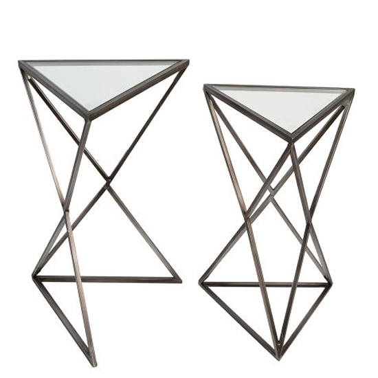 Photo of Triangle clear glass top set of 2 side tables with metal frame