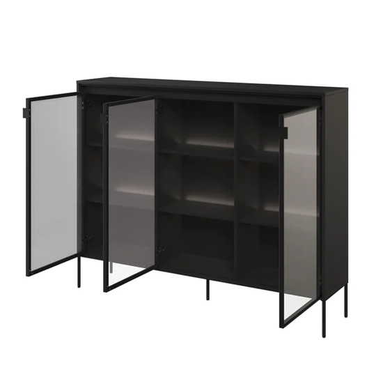 Trier Display Cabinet 3 Glass Doors In Matt Black With LED