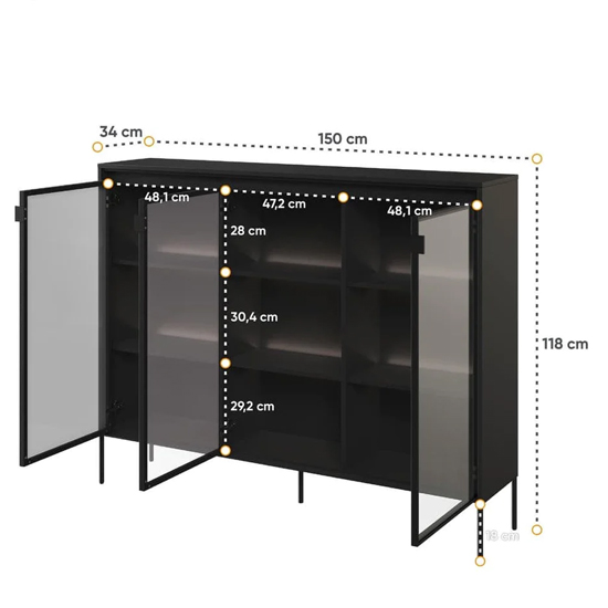 Trier Display Cabinet 3 Glass Doors In Matt Black With LED