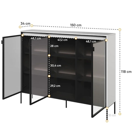 Trier Display Cabinet 3 Glass Doors In Matt White With LED