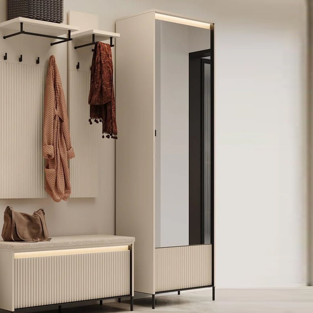 Trier Tall Wooden Hallway Cabinet With 2 Doors In Beige And LED