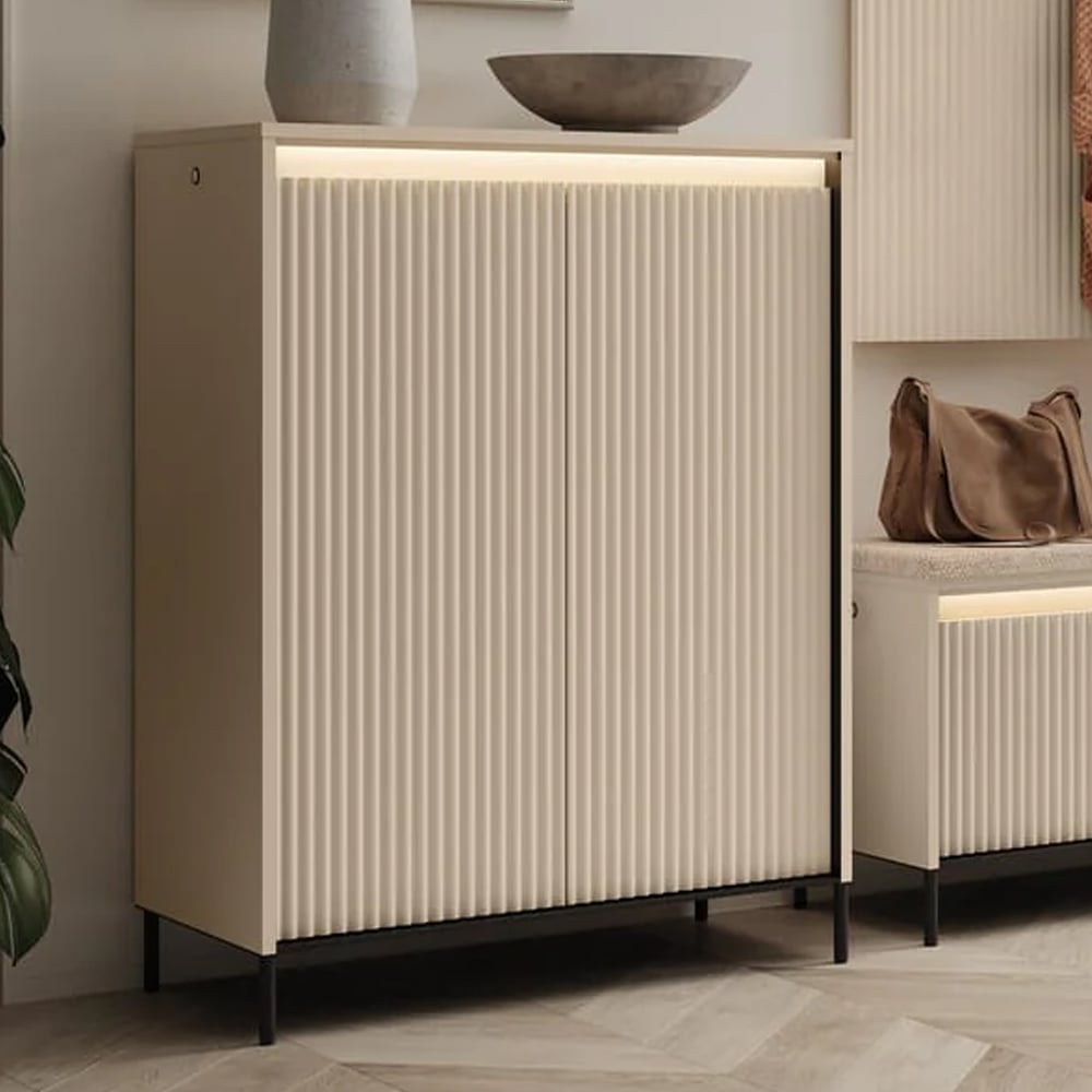Trier Wide Wooden Hallway Cabinet With 2 Doors In Beige And LED